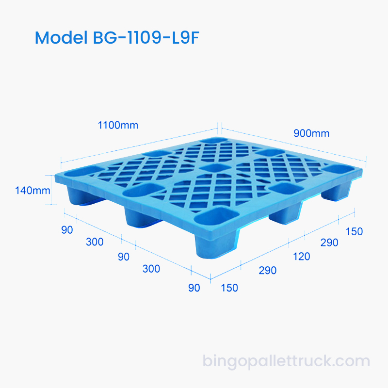 1100 × 900 mm slitesterk lett bruk ni fot HDPE plastpall for materialhåndtering
