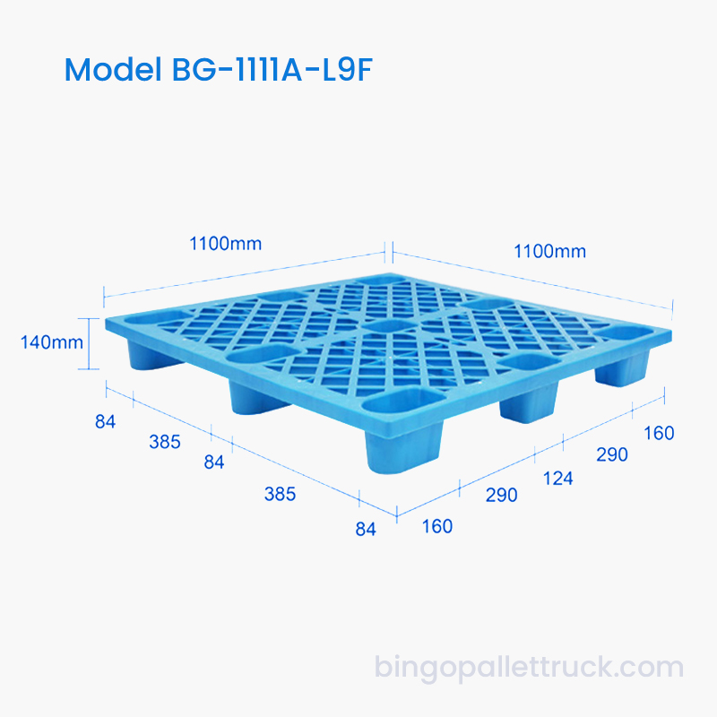 1100x1100 mm Lett 9-bens plastpall med 4-veis inngang for pallejack