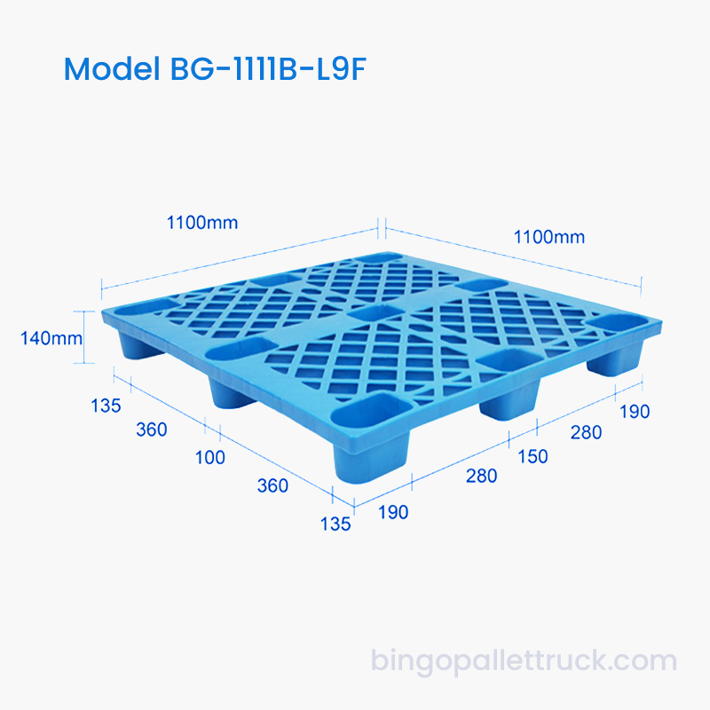 1100 x 1100 mm 9-bens plastpall optimalisert for bruk av palljekk og gaffeltruck