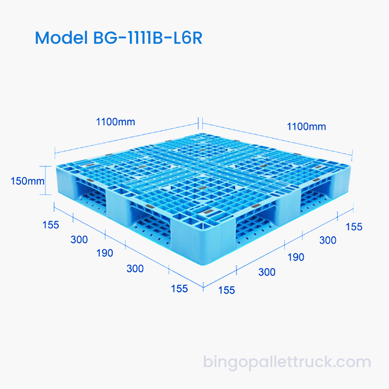 1100x1100 mm plastpall med seks løpere for kjølelagerbruk