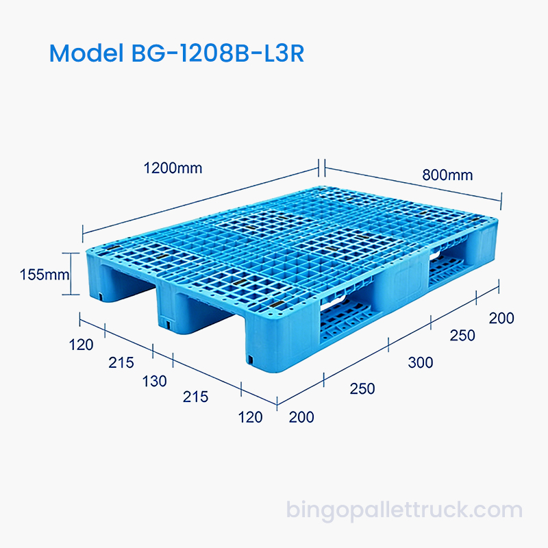 Høy styrke 1200x800 mm 3-løper plastpall med lang levetid