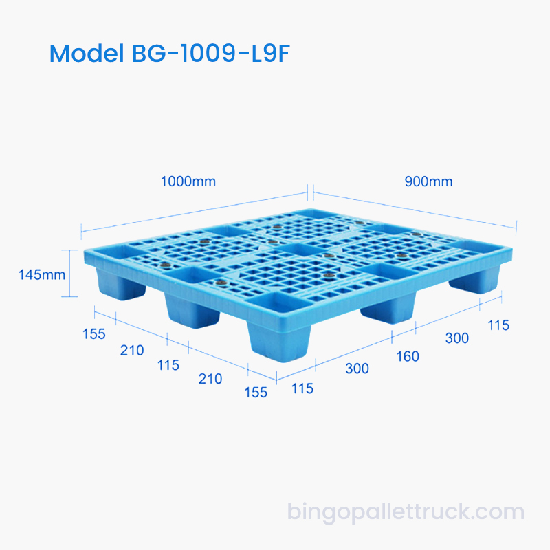 1000x900 mm ensidig lett bruks plastpall med rutenett og 9 fot