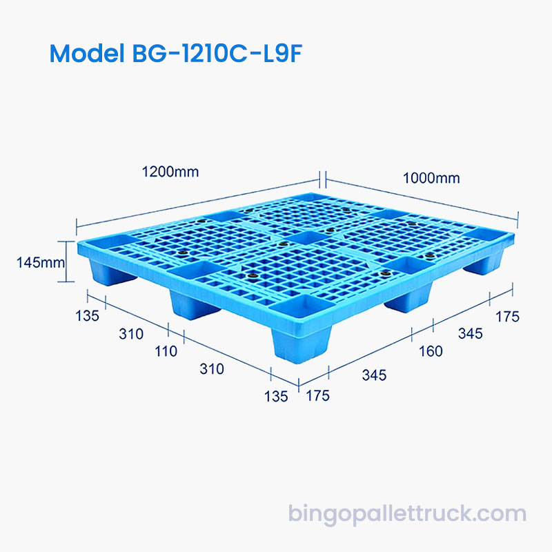 9 fot 1200x1000 mm plastpall kompatibel med standard gaffeltrucker